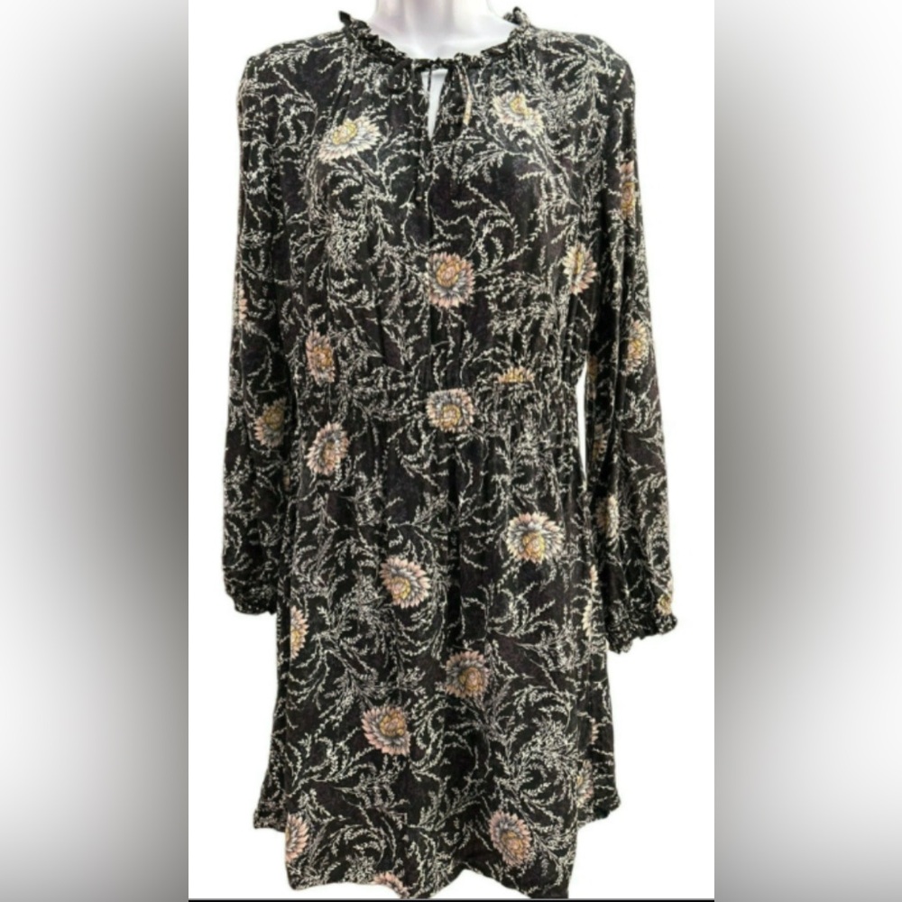 LOFT LONG SLEEVE VNECK ELASTIC WAIST BLACK AND PINK FLORAL PRINT DRESS SZ SMALL